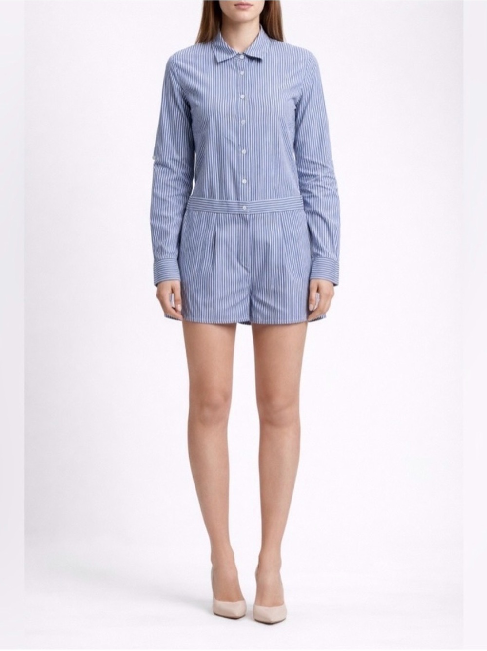 NWT BCBGMAXAZRIA ClarenceCape Button-Down Shirt Romper Blue White Stripe Small